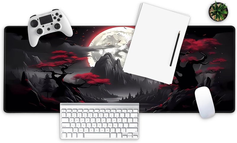 Mayflower Large Gaming Mouse Pad, Full Keyboard Mat, Long Laptop Mousepad, Computer Mouse Mat for Home and Office, Anti-Slip Rubber Base, 31.5 x 11.8 Inches (Dark Red Moon) - Image 2